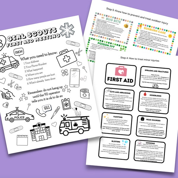 Girl Scout Brownie First Aid Patch Activity | First Aid Coloring | 911 sheet | First Aid Badge | First Responders Patch