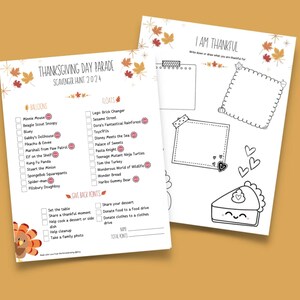 May include: Printable Thanksgiving Day Parade Scavenger Hunt 2024 checklist with balloons, floats, and give back points.  The checklist includes characters like Mickey Mouse, Sesame Street, and SpongeBob Squarepants.  The give back points section includes activities like setting the table, sharing a thankful moment, and donating clothes to a clothes drive.