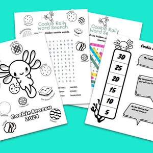 Printable Little Brownie Girl Scout Cookie Axolotl Activity Sheets: Coloring | Word Search | Goal & Tracker