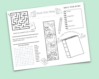 May include: Black and white printable worksheet for a book club party. The worksheet includes a maze, a word search, a bookmark to color, and a space to design a book cover. The text on the worksheet includes "Book Club Party", "What do planets like to read?", "Why did the ghost come back to the library every day?", "Find the hidden book words", "About your story", "Setting", "Characters", "Problem", "Resolution", and "Design your own book cover".