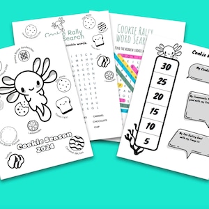 Printable ABC Bakery Girl Scouts Cookie Rally Meeting | Axolotl Coloring Sheet with Cookies | Cookie Word Search | Goal and Tracker