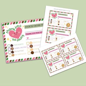 以下が含まれることがあります： ピンク、緑、白のクッキー注文用サンキュータグのコレクション。タグには「thank you so much」の文字が入った笑顔のピンクのハートが描かれています。クッキーの種類はチェックボックスで表示されています。テキスト「Cookie Order For」も表示されています。