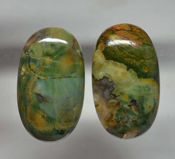 Green Brazilian Jasper Cabochon Pair Flat Back Stones
