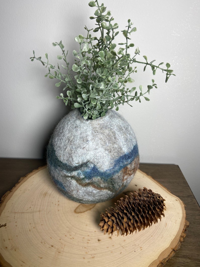 decorative vessel bohemian style wet felting Wool felted vessel with boxwood stems farmhouse decor earthy colored bowl original art