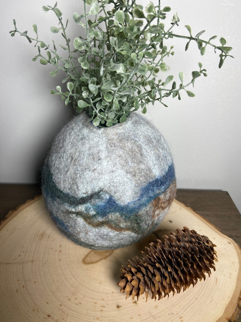 decorative vessel bohemian style wet felting Wool felted vessel with boxwood stems farmhouse decor earthy colored bowl original art