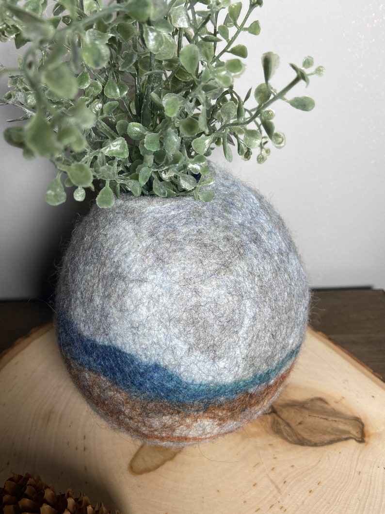 decorative vessel bohemian style wet felting Wool felted vessel with boxwood stems farmhouse decor earthy colored bowl original art