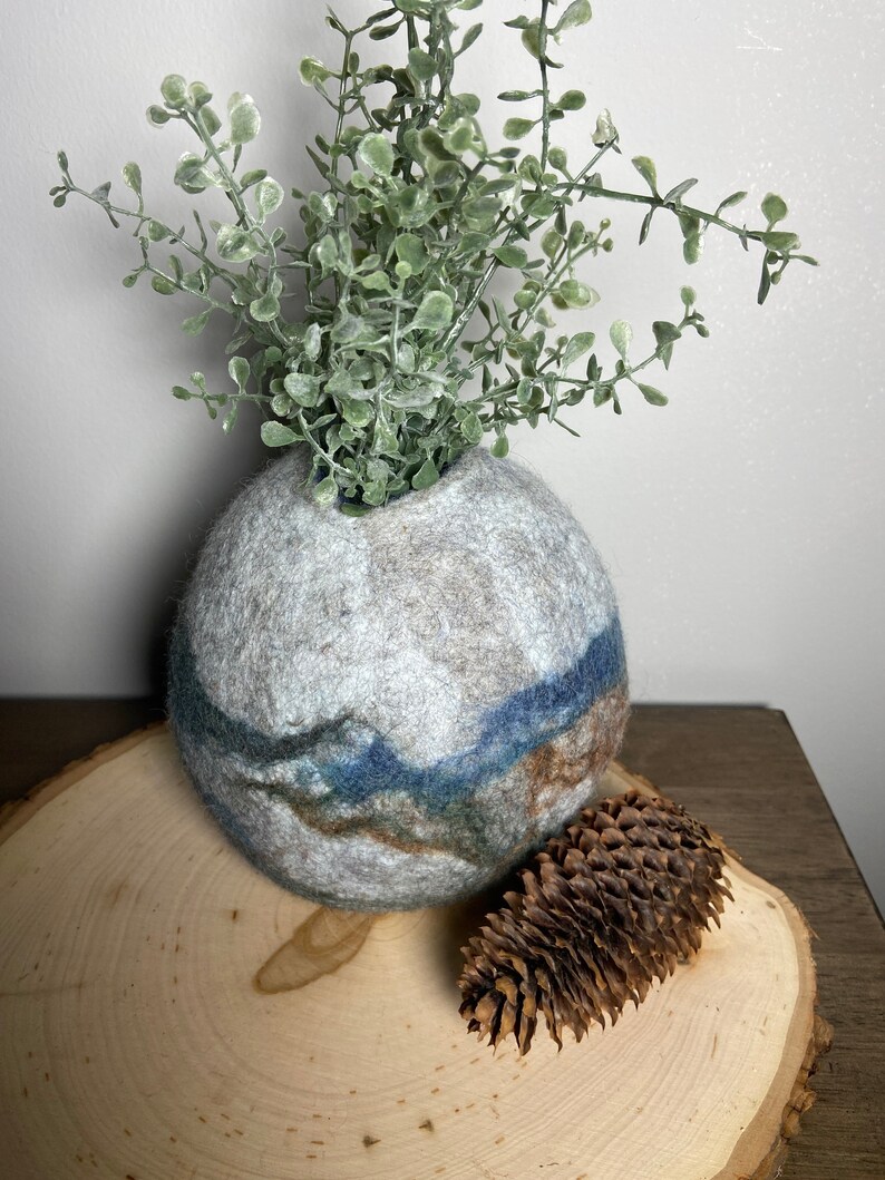 decorative vessel bohemian style wet felting Wool felted vessel with boxwood stems farmhouse decor earthy colored bowl original art