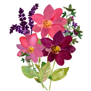 Bouquet Floral Clipart Aquarelle Magenta Violet Fleurs Imprimer Invitations Anniversaire Anniversaire