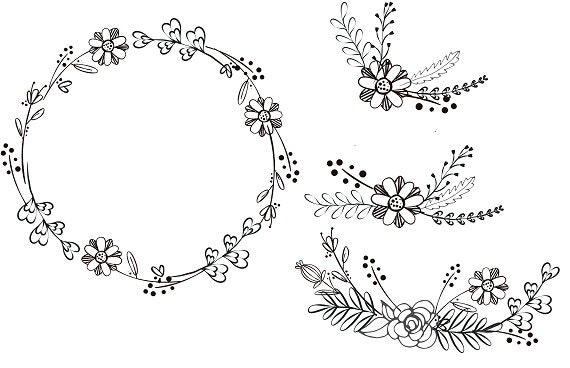 Schwarz Weiss Clipart Schwarz Handgezeichneten Blutenkranz Und Etsy