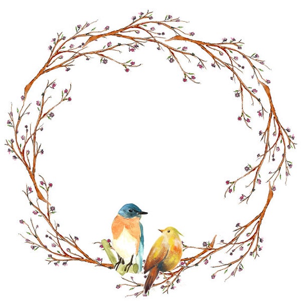 Love Birds Watercolor Wreath Watercolor Clipart Minimalist Wreath Tree Branch Blossom Flowers