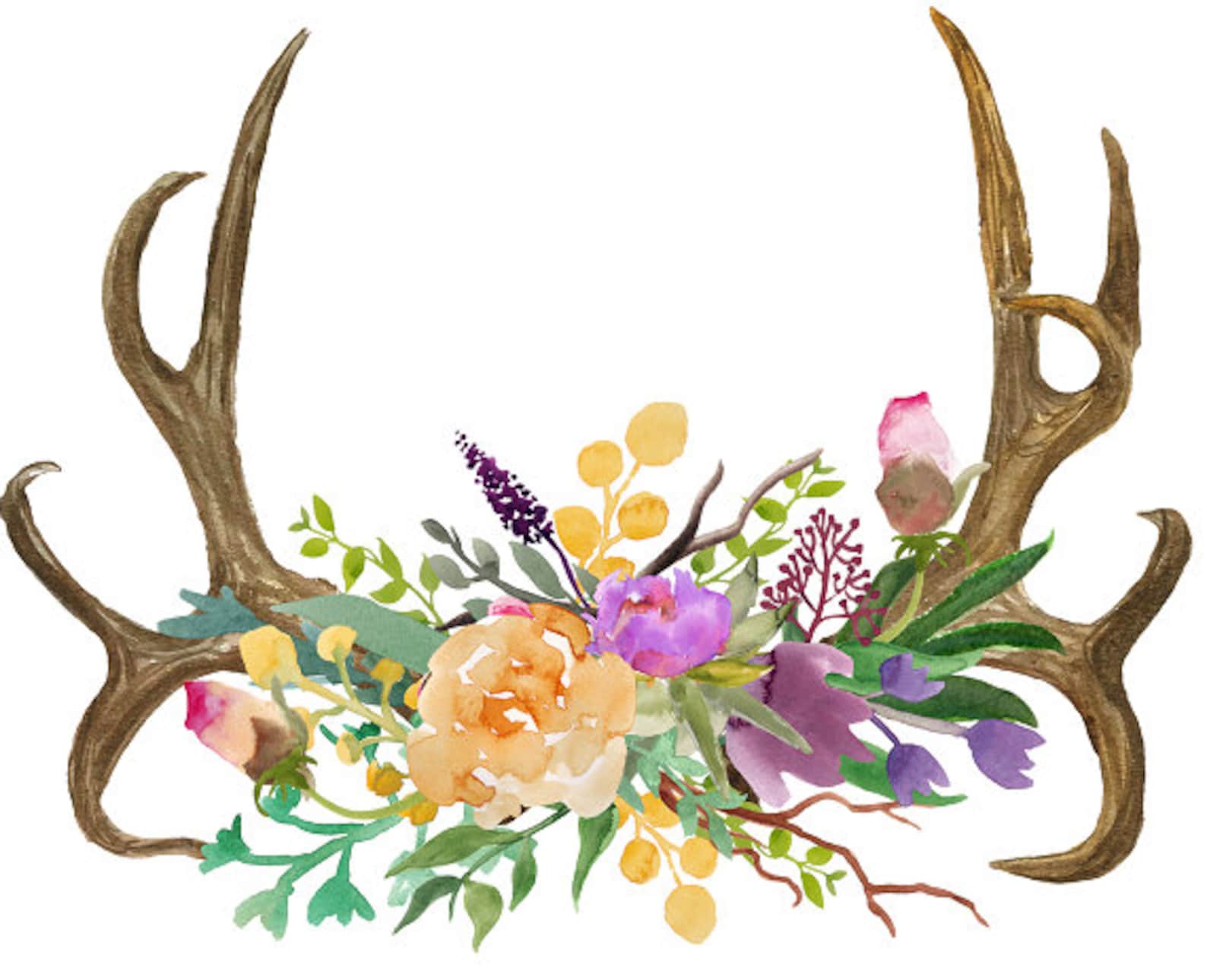 Deer Antlers Flowers Bohemian Print Boho Art Print Watercolor Etsy