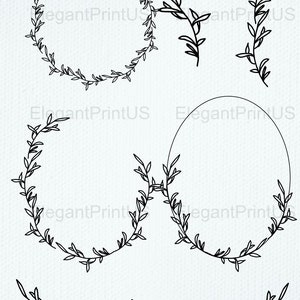 May include: A set of five black and white floral wreaths and dividers. The wreaths are circular and oval in shape. The dividers are simple and elegant.