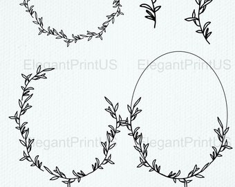 Schwarze Blätter ClipArt minimalistischen Kranz Set schwarz Rahmen botanische Illustrationen von Hand gezeichnet SVG Vektor PNG