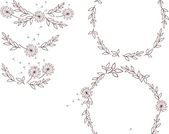 May include: Four brown line drawings of dandelion wreaths with some dandelions with seeds blowing in the wind. The wreaths are in different shapes and sizes.