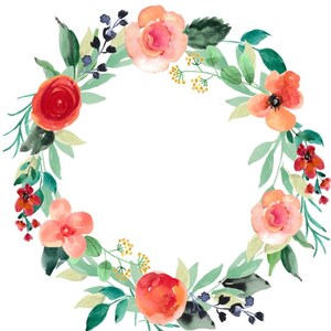 Red Pink Wreath Watercolor Clip Art Flowers Greenery Bright Botanical Wreath