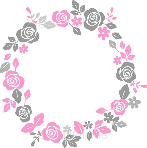 Download Pink Gray Floral Wreath Silhouette Roses Leaves Svg Vector Png Etsy