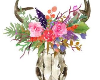 Deer Skull, Antlers with Flowers, Horns with Flower Bouquet, Bohemian Print, Boho Decor, Wall art Home & Office Decor.