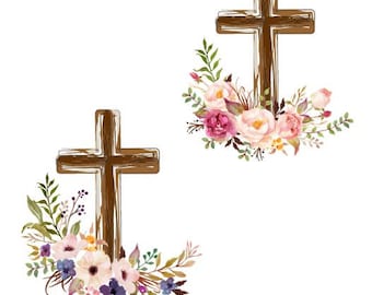 Cross with Flowers Watercolor Floral Bouquets Wooden Cross Clip Art Cross Print