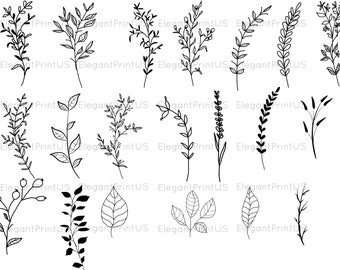 May include: A set of 15 black and white line drawings of various floral sprigs and leaves. The drawings are simple and elegant, and would be perfect for use in a variety of creative projects.