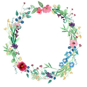 Couronne de printemps Couronne florale rose bleu violet Couronne botanique aquarelle Fleurs sauvages Fleurs de printemps