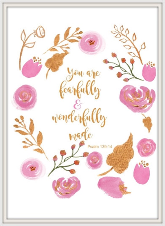 Bibie Verse Pink Gold Flowers Pink And Gold Print Bible Verse Psalm 13914 Nursery Print Wall Decor Diy Print