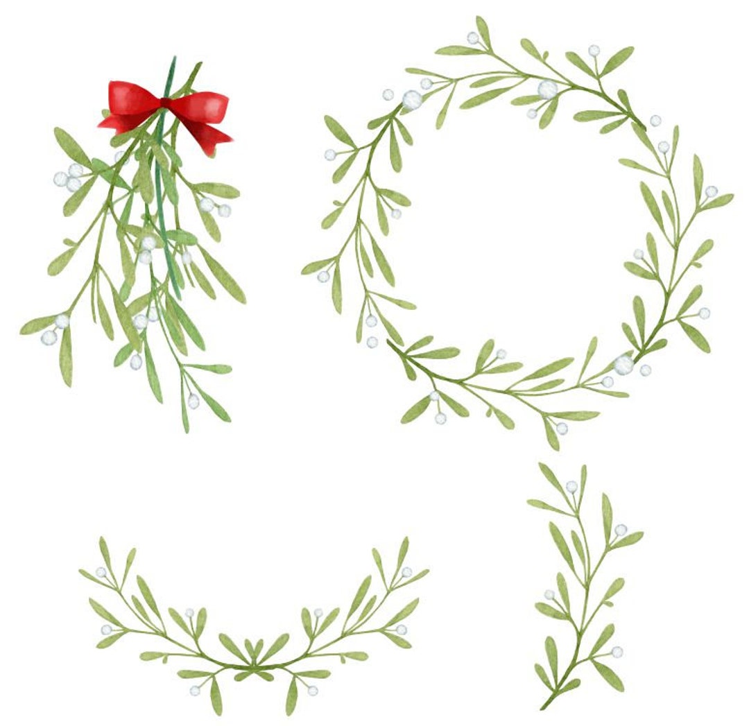 Christmas Wreath Mistletoe Watercolor Greenery Clip Art Etsy