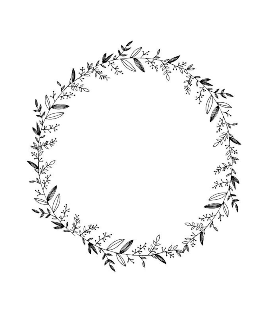 Black White Wreath Botanical Clip Art Leaves Delicate Fall Autumn