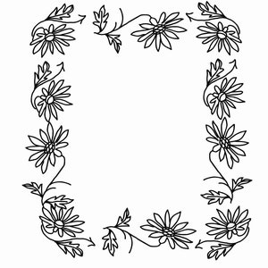 Könnte beinhalten: Schwarz-weiß-Zeichnung eines floralen Rahmens mit gänseblümchenartigen Blumen und Blättern. Der Rahmen ist rechteckig und hat einen leeren Raum in der Mitte.