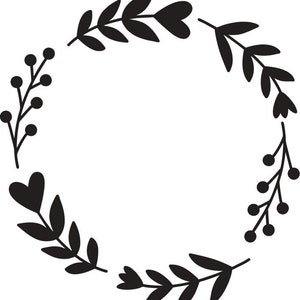 May include: Black and white floral wreath with heart-shaped leaves and berries. The wreath is a circle with a blank center.