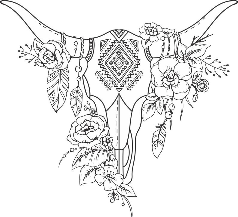 Skull Clip Art Bull Flowers Skull Print Black White Bohemian | Etsy