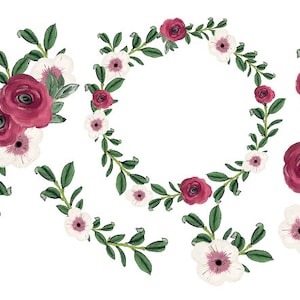 Burgundy Light Pink Floral Clipart Watercolor Wreath Roses Frame Wedding Clipart