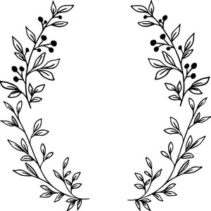 May include: Black and white illustration of a wreath made of leafy branches with berries.