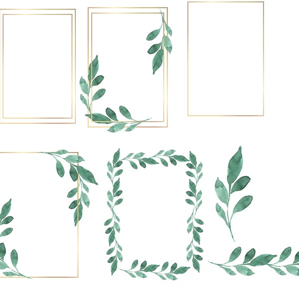 Greenery Gold Clip Art Leafy Frame Foliage Gold Rectangle Watercolor Greenery