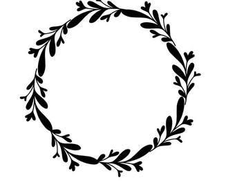 May include: A black and white illustration of a circular wreath. The wreath is composed of stylized leaves and branches, creating a decorative border. The design is simple and elegant, suitable for various craft projects or design elements.