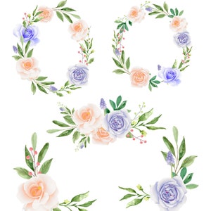 Rosa Blau Blush Blumen Clip Art Set Ecke Arrangement Rosen Grün Blush Floral Divider