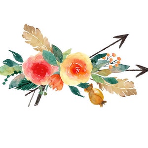 Bohemian Clipart Watercolor Clipart Watercolor Bouquet Feathers and Arrows Red Yellow Roses Digital Print Wall Art Print Bohemian Print