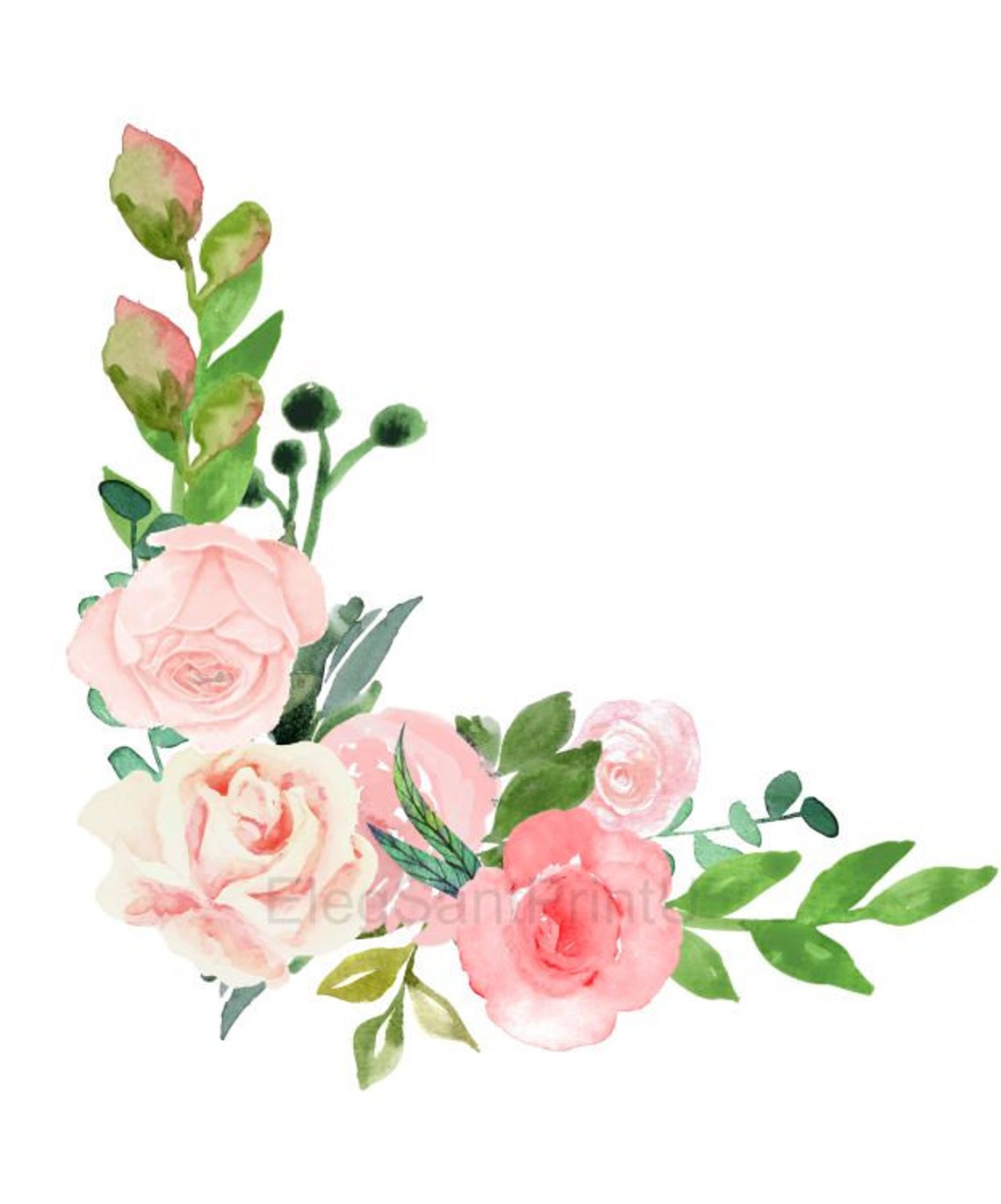 Blush Pink Roses Clip Art Corner Arrangement Roses Greenery Etsy