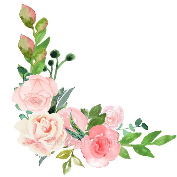 Blush Pink Roses Clip Art Corner Arrangement Roses Greenery Blush Floral Swag