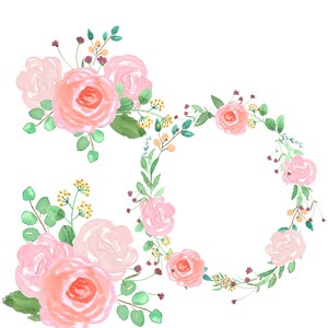 Blush Pink Roses Watercolor Clip Art: Floral Wreath, Corner (PNG Digital Download)
