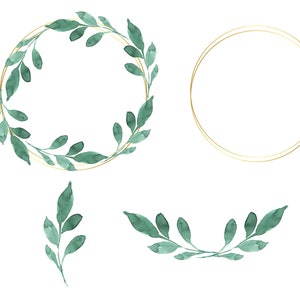 Greenery Gold Clipart Coroa de folhas Laurel Greenery Wreath Aquarela Clipart Minimalista Grinalda Coroa de casamento