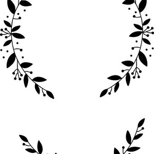 May include: A black and white floral wreath with two half circles of leaves and berries.