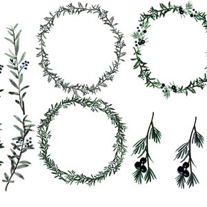 May include: Set of watercolor illustrations featuring green wreaths and sprigs with black berries. The wreaths are perfect for adding a touch of nature to your designs.