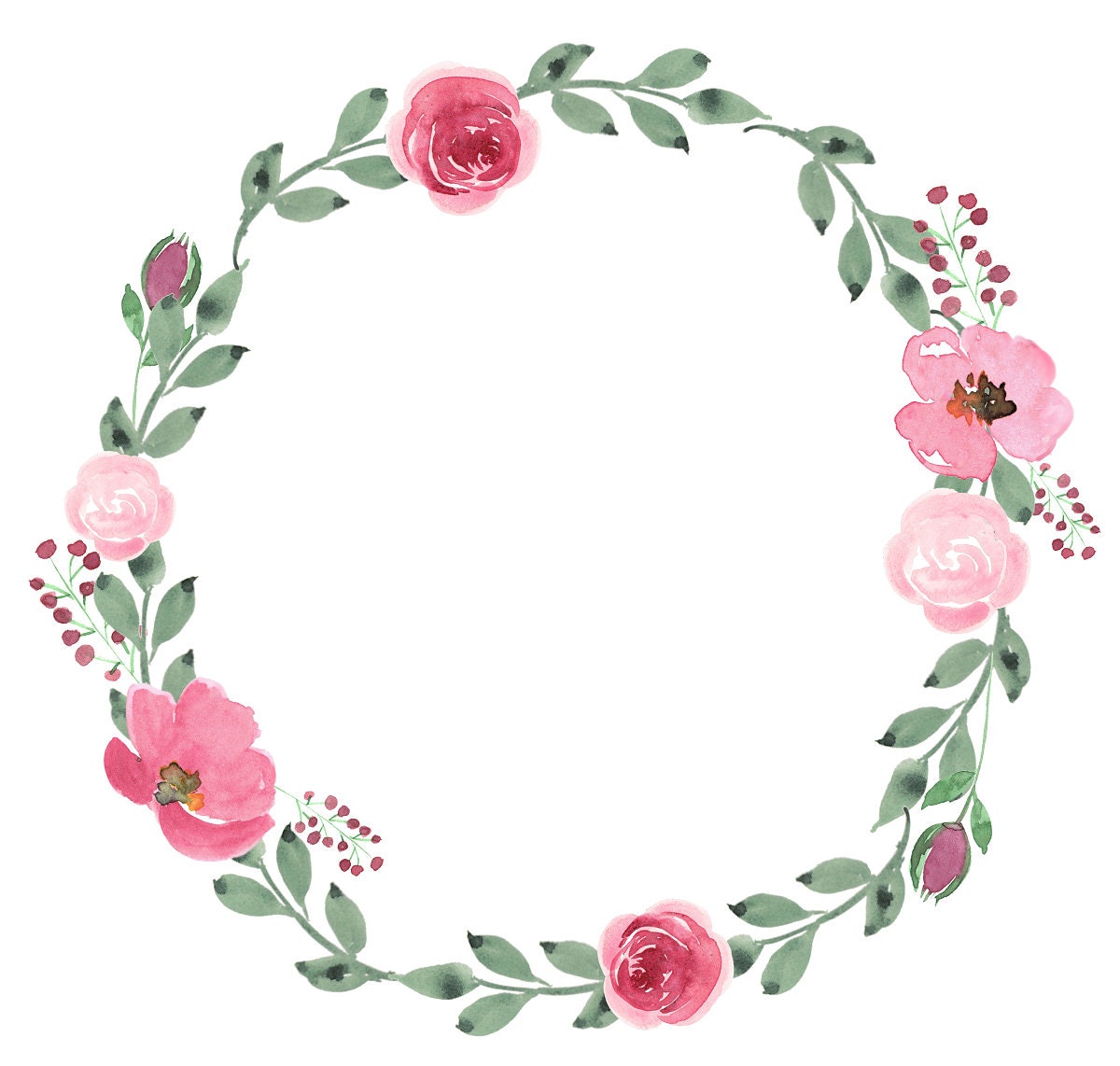 Pink Blush Wreath Roses Floral Frame Watercolor Flowers Invitation Wreath