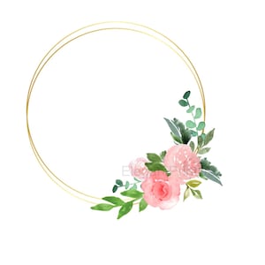 Op de afbeelding: Een gouden cirkelvormig frame met een dubbele omtrek, versierd met een cluster van roze rozen en groene bladeren aan de rechterkant.