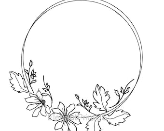 Corona floreale SVG Nero Clip Art Contorno nero Fiori Foglie