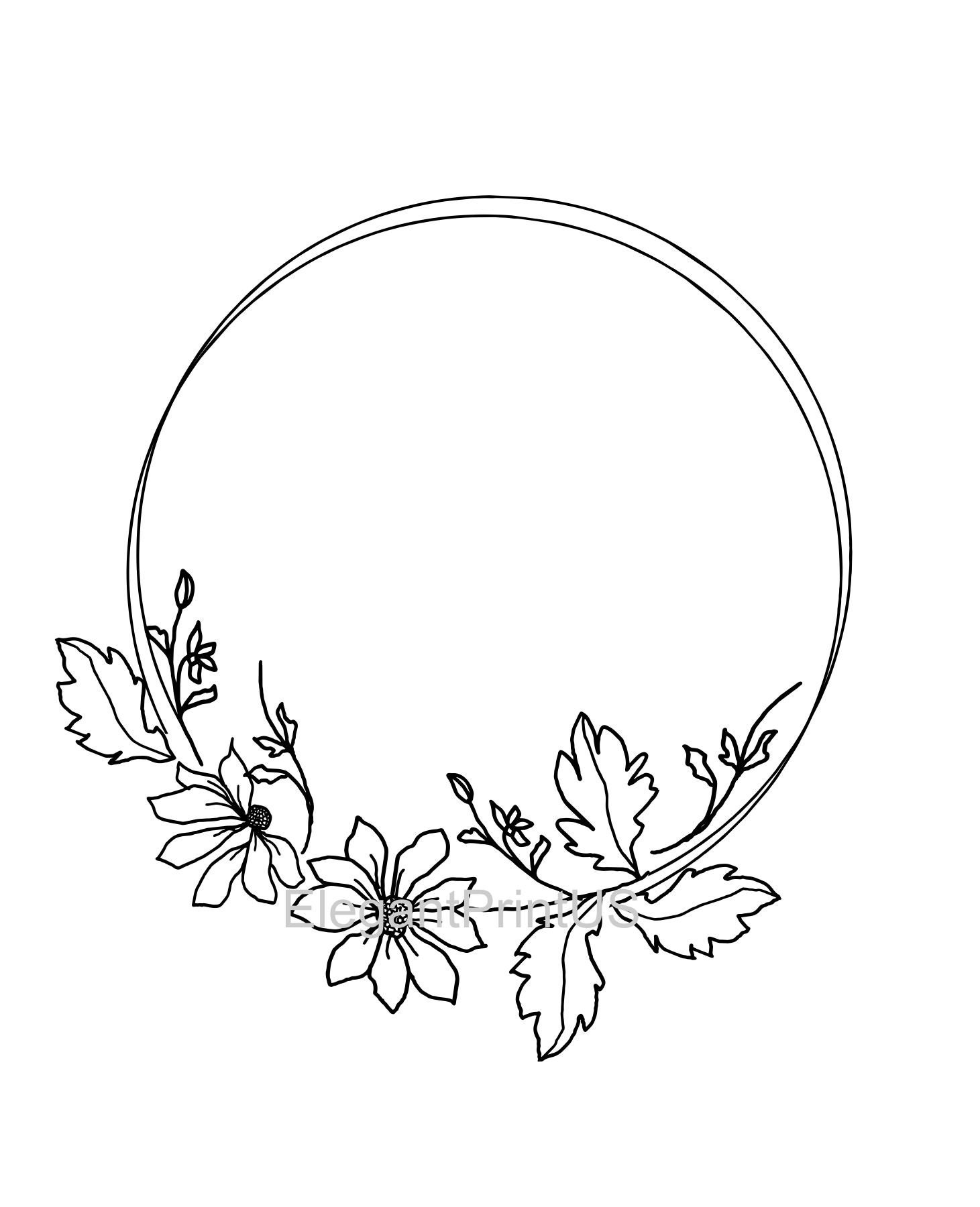 Floral Wreath SVG Black Clip Art Black Outline Flowers Leaves | Etsy