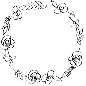 黒の植物線画 丸いリース 黒の花のクリップアート バラの落書き シンプルなリース ミニマリストリース