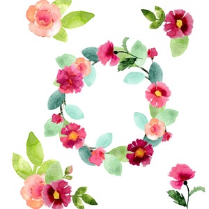 Magenta Pink Watercolor Flowers Wreath Corners Set Wedding Anniversary
