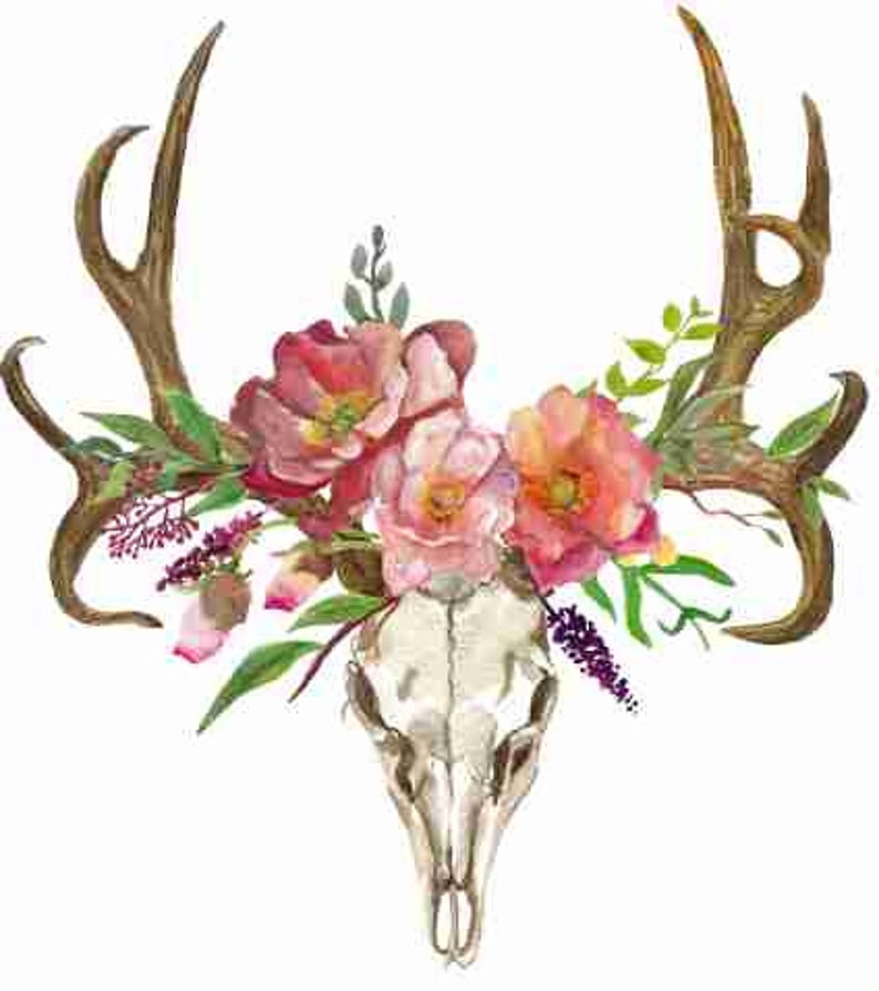 Deer Clipart, Bohemian Art, Boho Deer, Deer Skull With Flowers, Tribal ...
