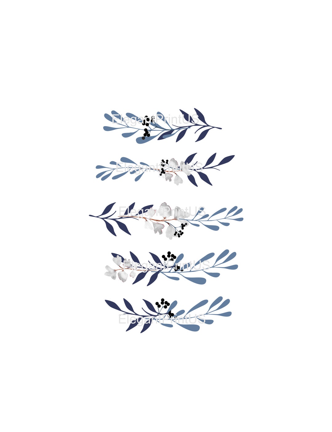 Navy Blue And White Clip Art Leaves Watercolor Etsy
